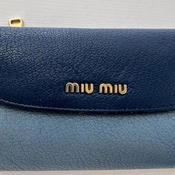 Miu Miu Madras Bicolor Leather Wallet Blue Compact Bifold Zip Coin Purse Auth - Picture 2 of 9
